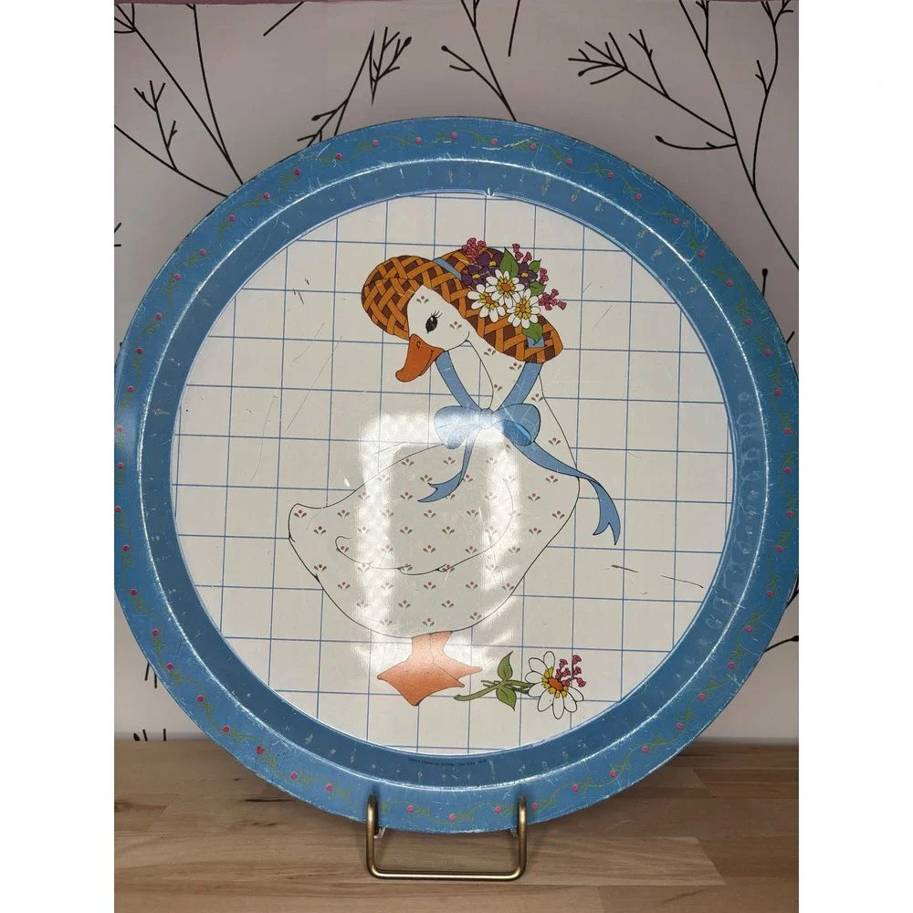 Vtg Giftco Inc Round Metal Serving Tray Country Goose Floral Sun Hat Blue 13